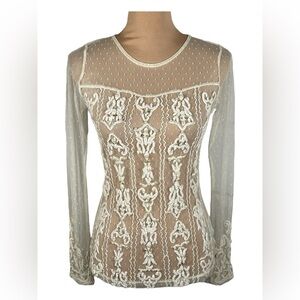 Guess Sheer Embroidered Top - Cream‎ and White